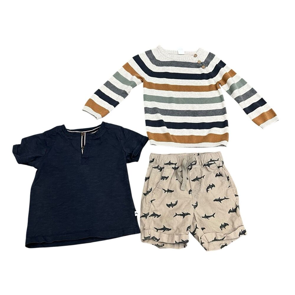 3 piece Mixed Lot 2T Boys Clothes Cute Casual Nautical Sweater Tee Shorts Fish